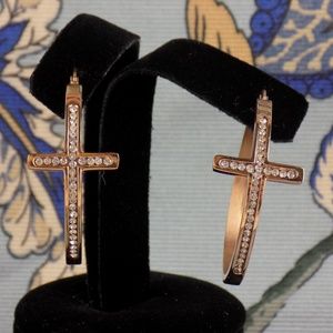 rose gold rhinestone cross hoop earrings